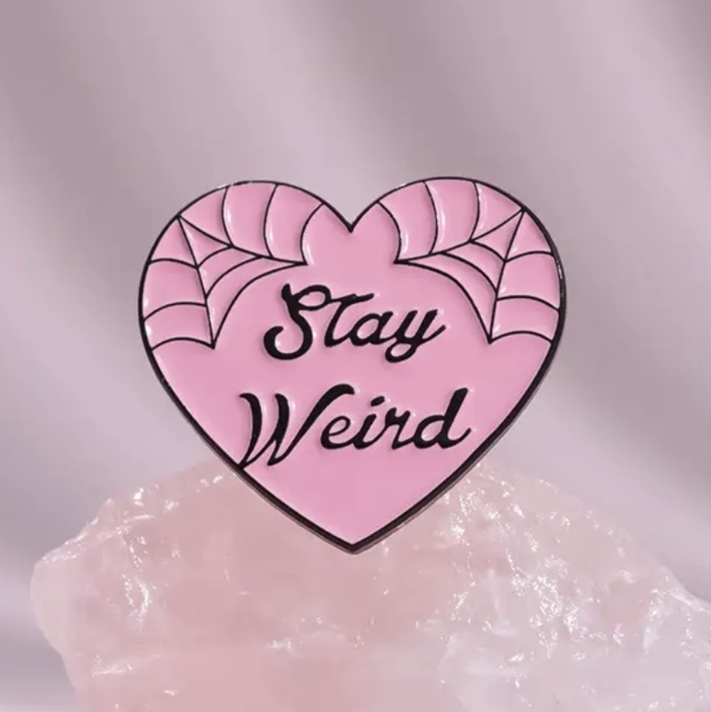 NEW Hot Topic "Stay Weird" Pastel Pink Goth Style Heart Enamel Pin w/ Spiderwebs